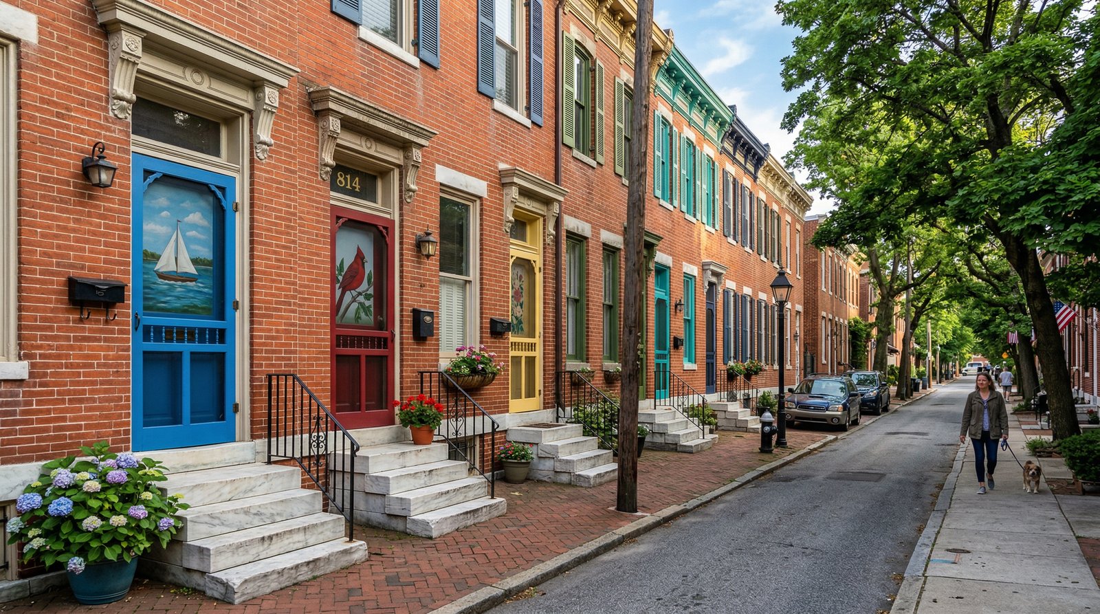Classic Baltimore rowhouses with marble steps and colorful painted screen doors