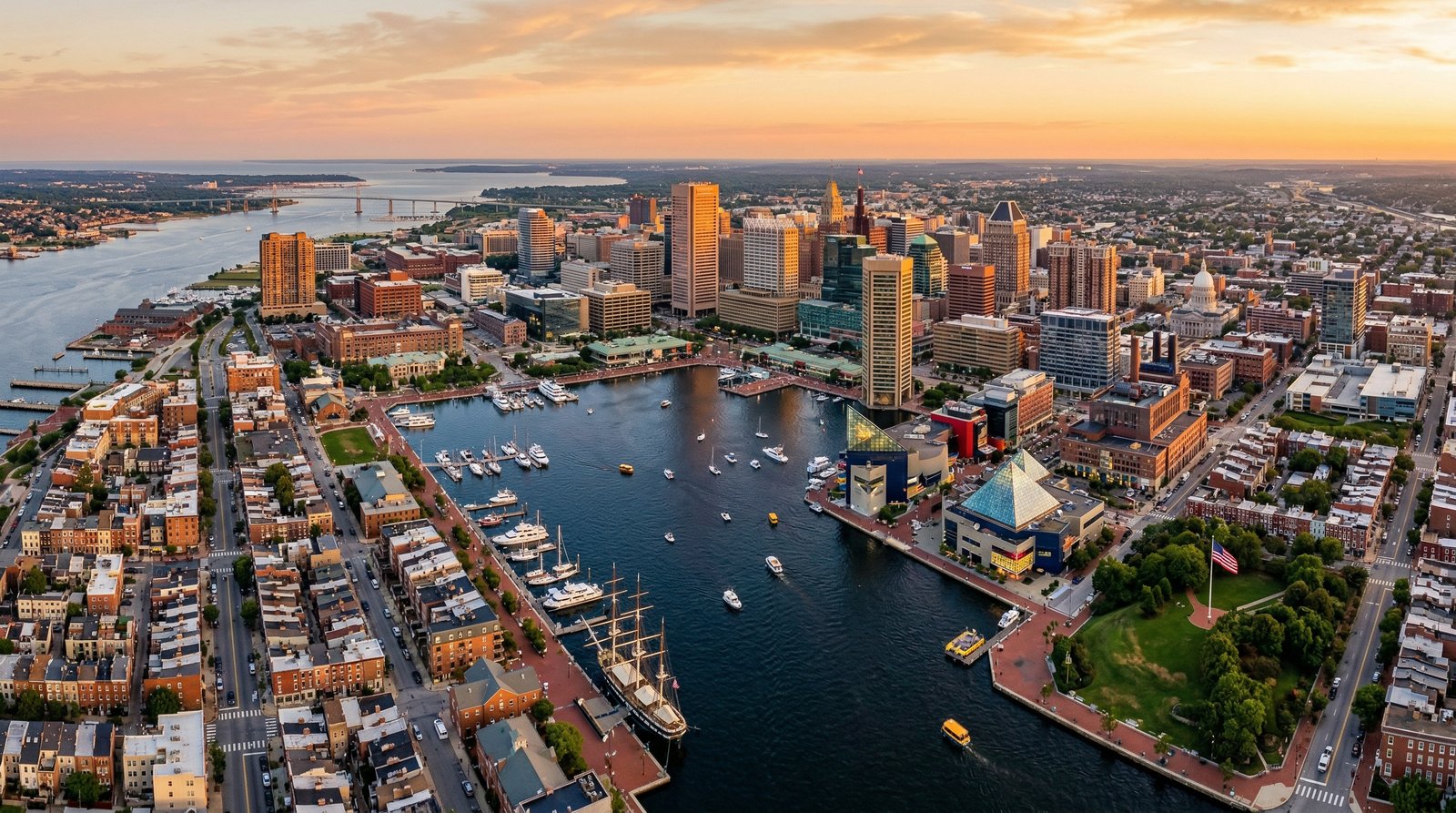 Aerial view of Baltimore Inner Harbor and city skyline at golden hour
