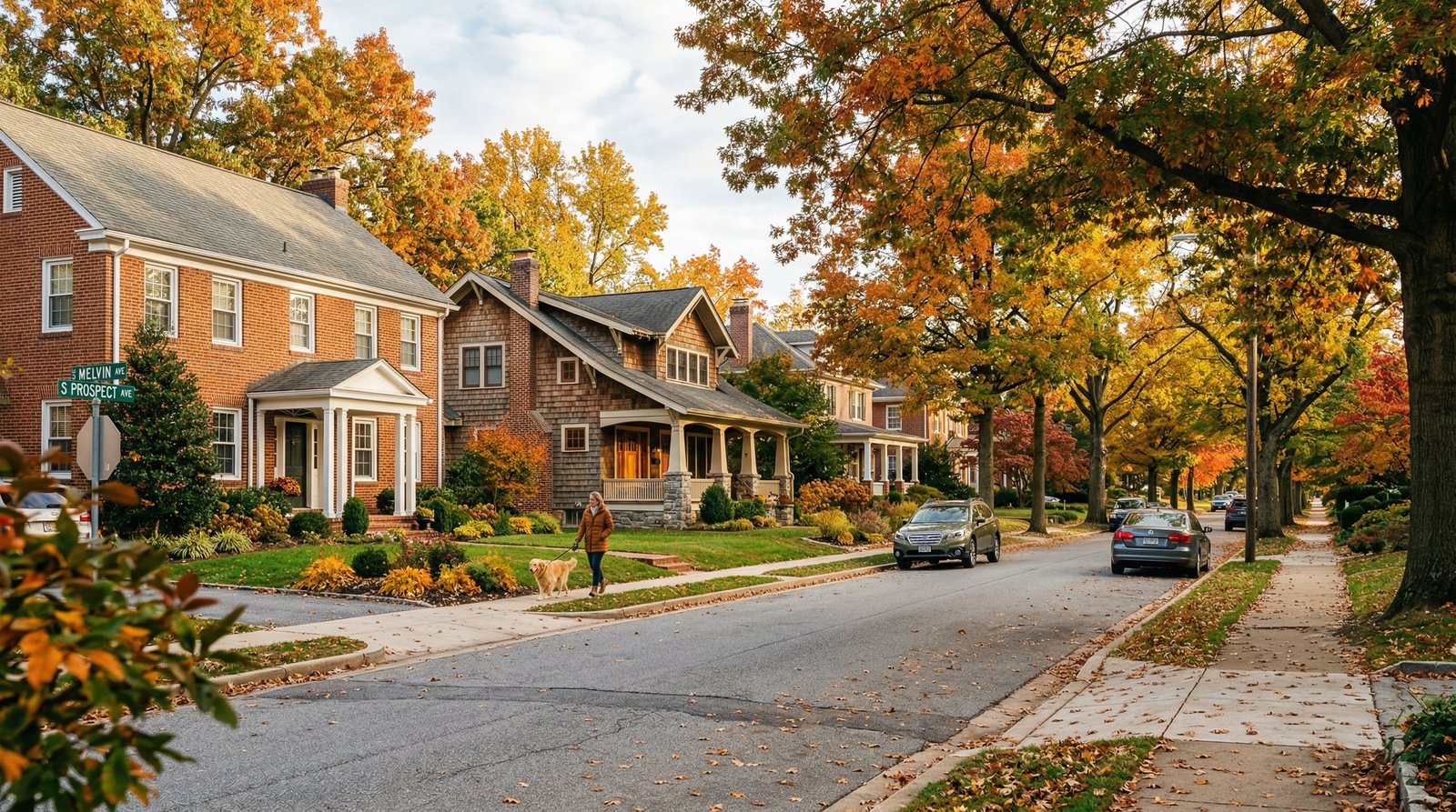 Charming tree-lined street with brick colonial homes in Catonsville Maryland in fall foliage