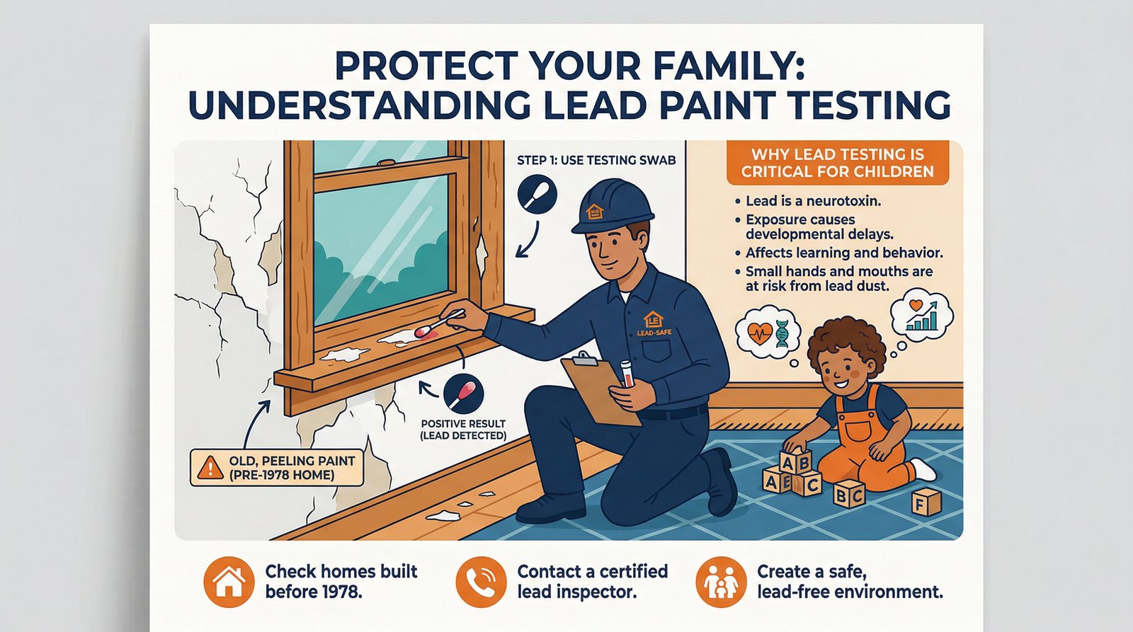 Lead paint testing infographic showing inspector testing peeling paint near child playing