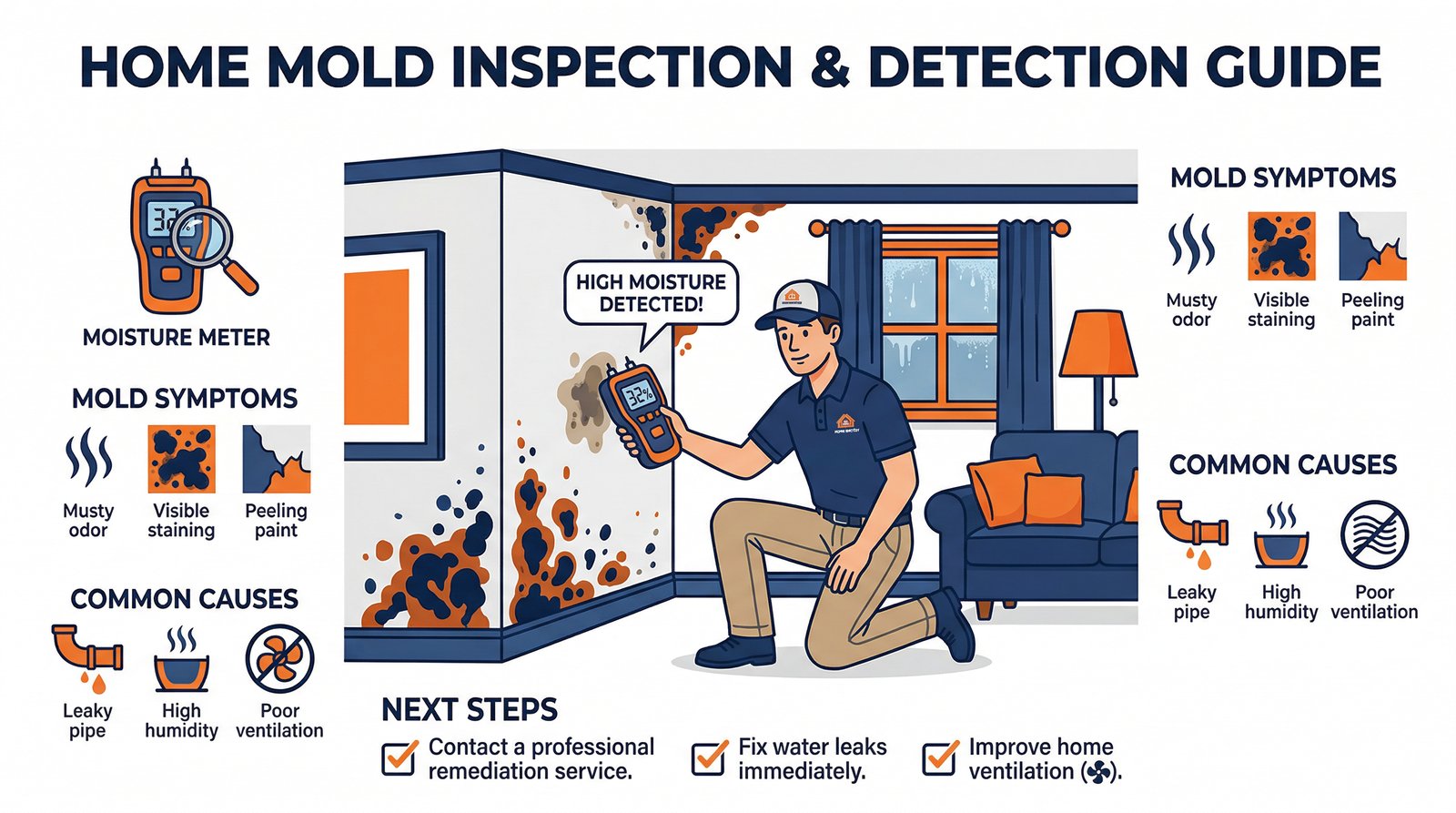 Mold inspection infographic showing inspector detecting moisture and mold growth on walls