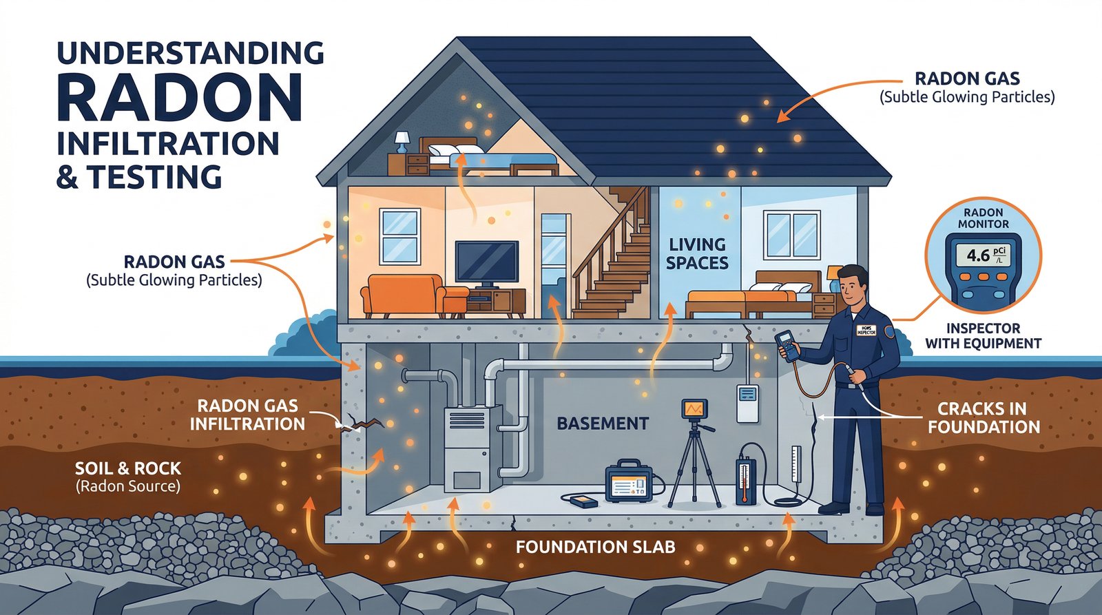 Radon gas infiltration diagram showing gas seeping from soil through foundation into living spaces